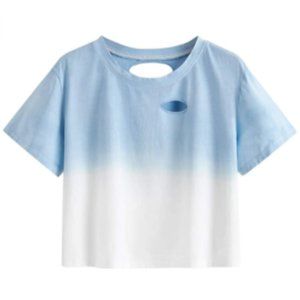 Plus size XX-L Blue and White SweatyRocks Short Sleeve Distressed Crop T-Shirt